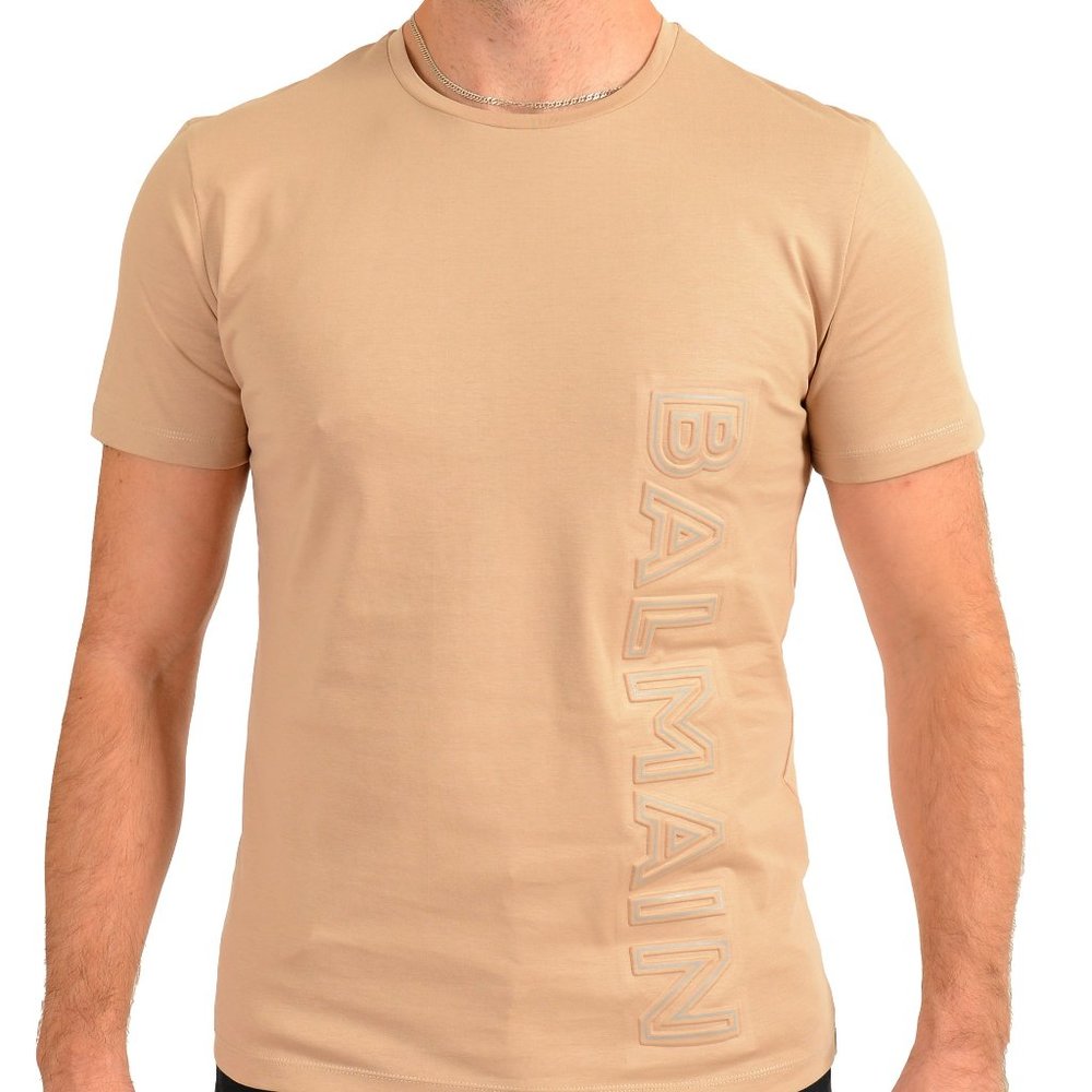 Balmain Men's Sand Beige Embossed Balmain Logo Crewneck Short Sleeve T-Shirt